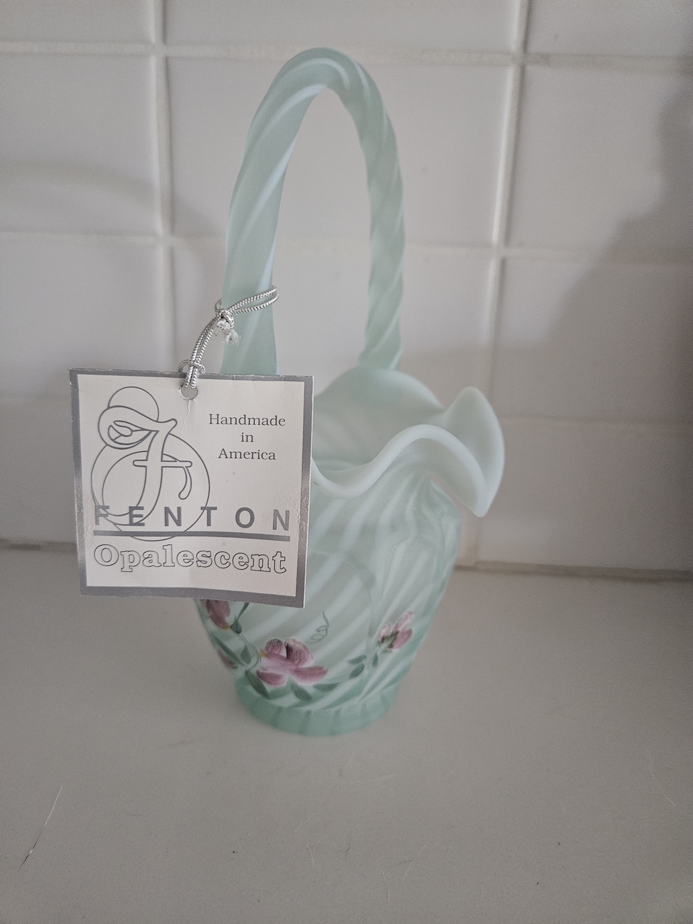 Fenton Opalescent Mint Green Basket with Pink Floral Accents